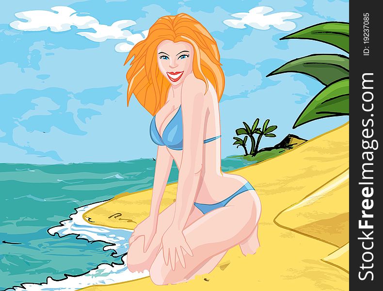 Cartoon of a blonde woman on the beach