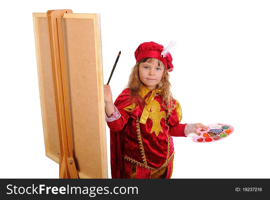 Little girl in a red historical suit with a brush and paints near an easel. Isolated on white. Little girl in a red historical suit with a brush and paints near an easel. Isolated on white