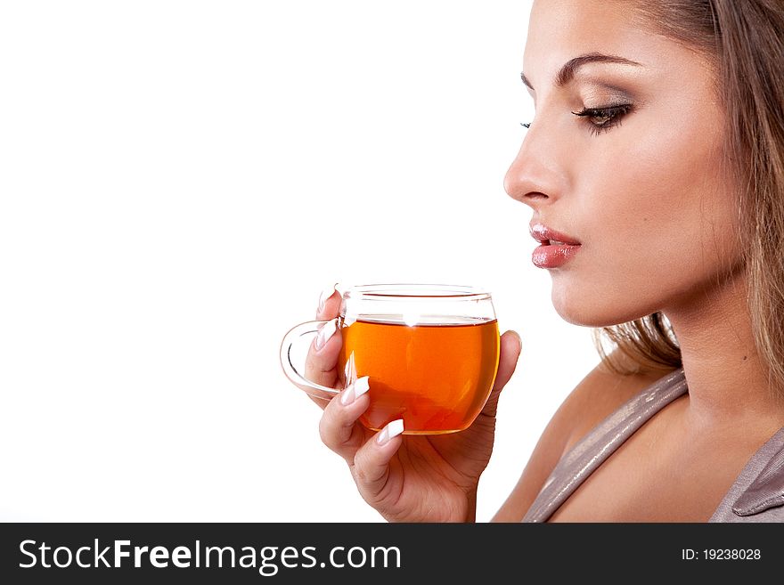 Woman with cup of fresh tasty black tea. Woman with cup of fresh tasty black tea