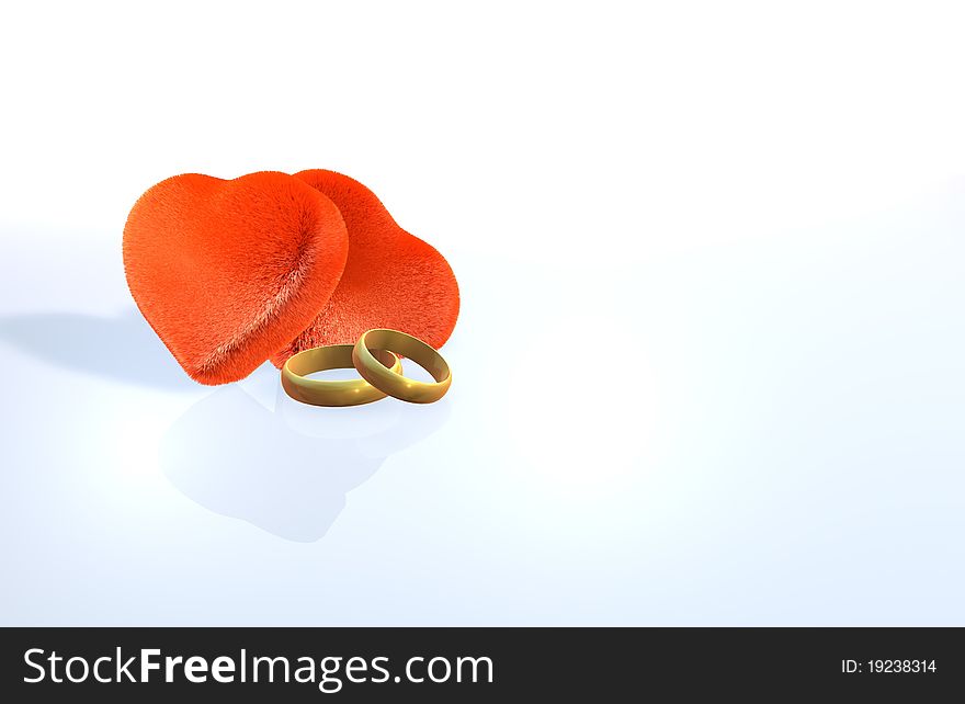 Hearts with wedding rings on a neutral background