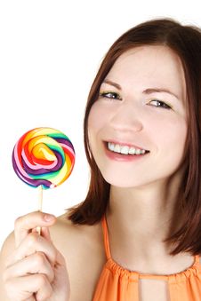 Young Brunette Girl Holding Big Lollipop Stock Photography Young Brunette Girl Holding Big Lollipop Stock Photography
