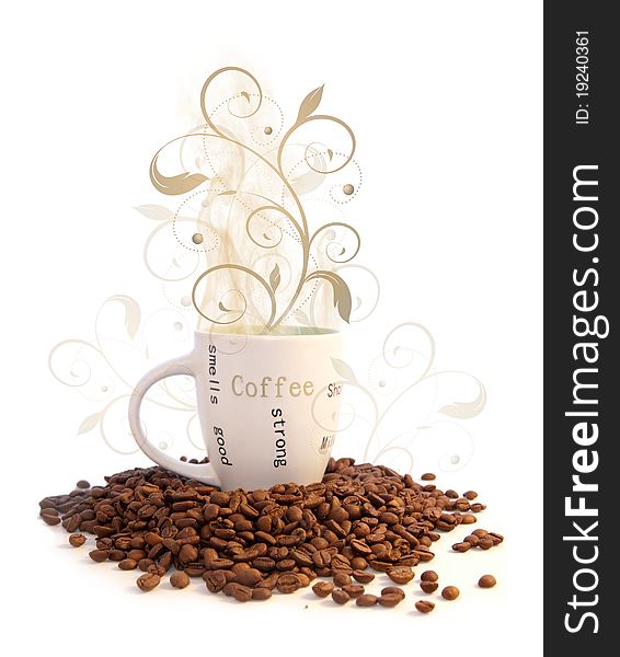Cup of hot coffee and ornate on a white background. Cup of hot coffee and ornate on a white background