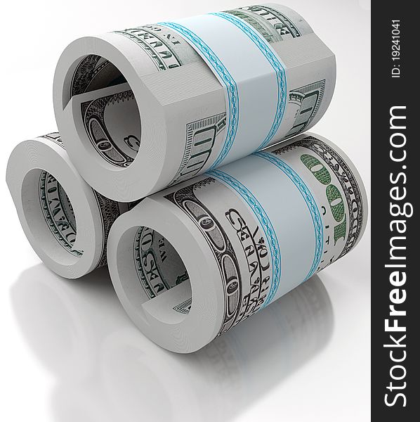 Cash dollars curtailed into a roll isolated on a white background