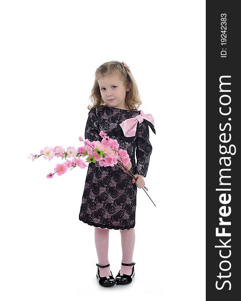 Pretty Little Girl In Party Dress With Flowers