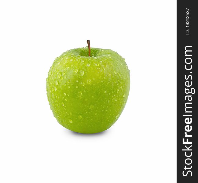 Green apple covered by water drops with clipping path isolated on white. Green apple covered by water drops with clipping path isolated on white