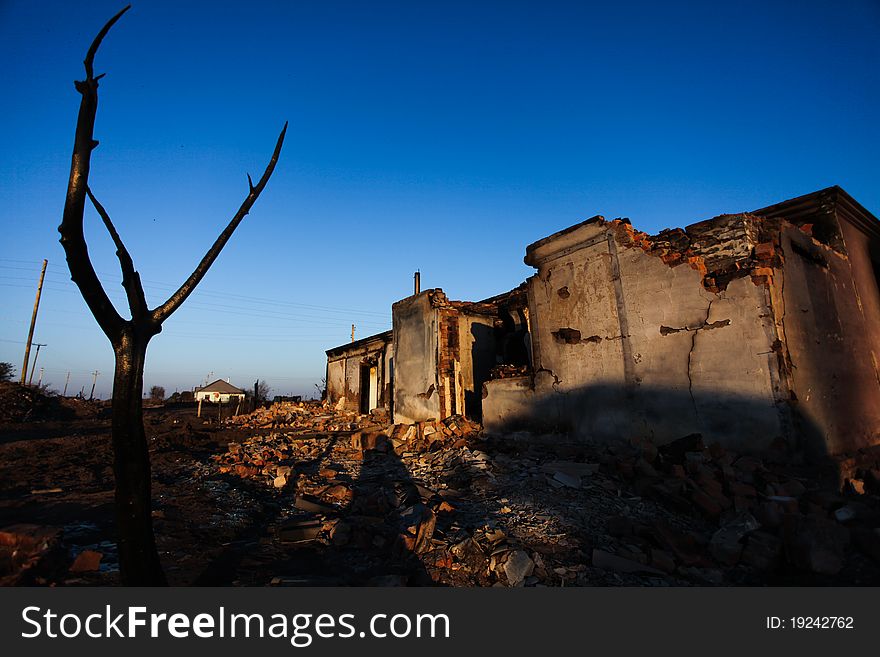 A house after the fire, sad mood and depression. A house after the fire, sad mood and depression