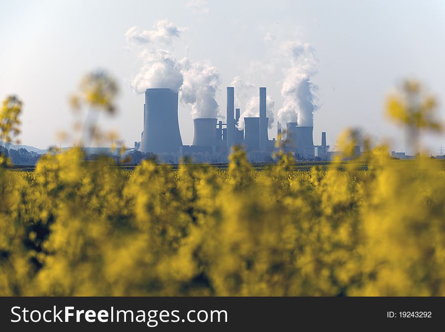 Lignite power plant Niederaussem behind a flowering field. Lignite power plant Niederaussem behind a flowering field