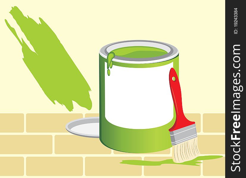 Jar with a paint and brush on the background of brick wall. Illustration