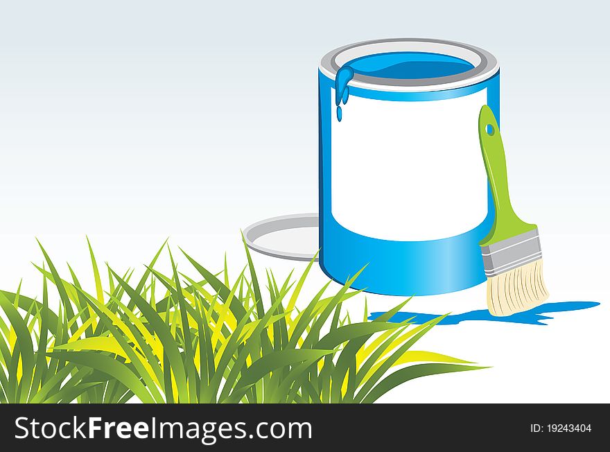 Jar with a paintbrush and grass. Illustration