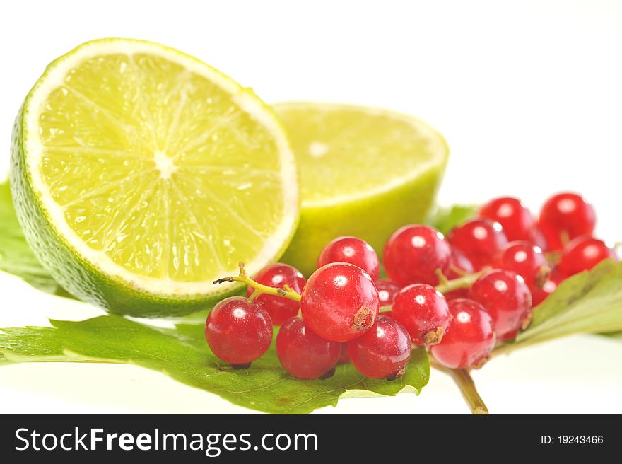 Red currant and lemon isolated in studio. Red currant and lemon isolated in studio