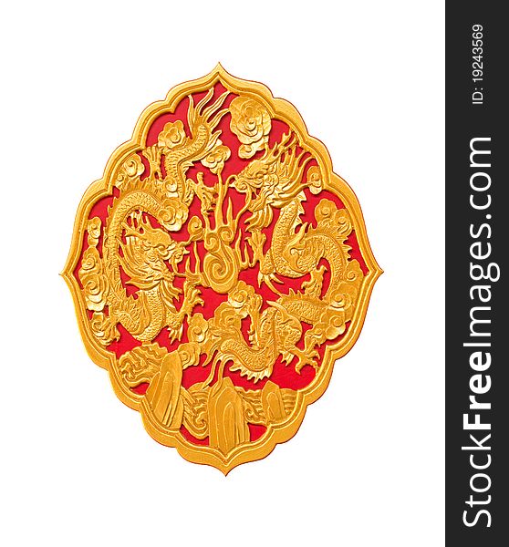 Golden dragon decorated on red wood in chinese temple,Isolate on white background