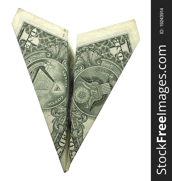 Dollar paper plane on white background