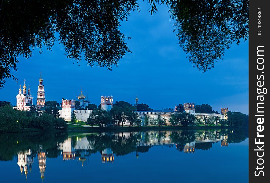 Novodevichy convent in the evening view from the lake