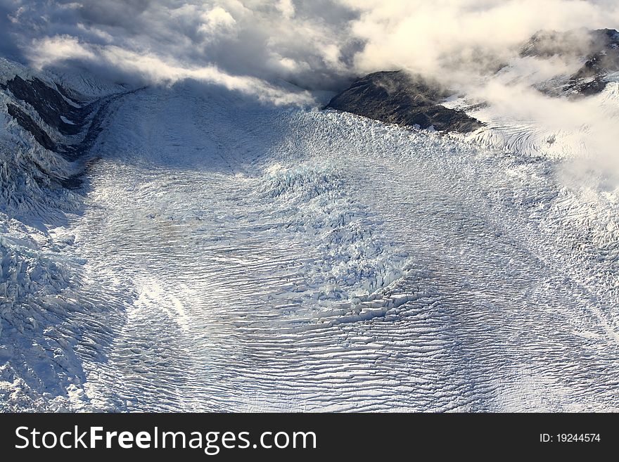 Aerial view of franz josef glacier from helicopter in New Zealand