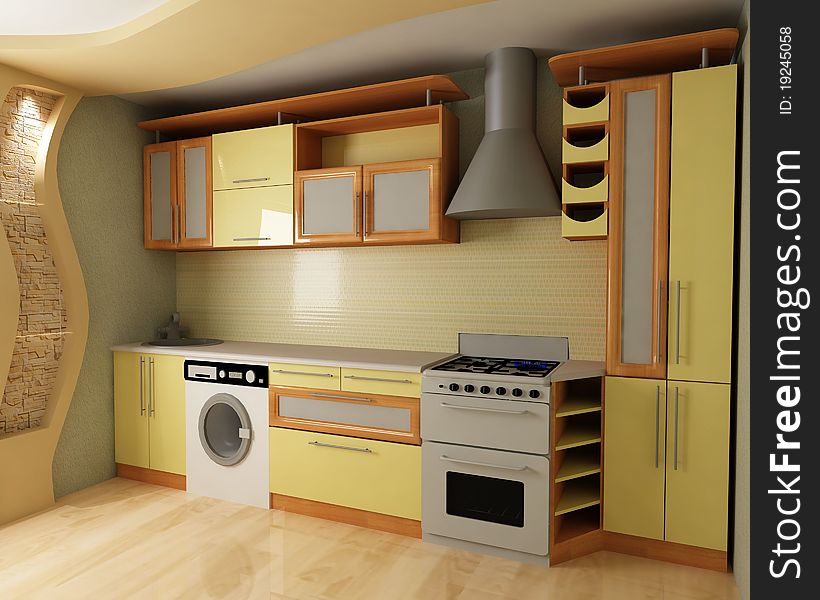 A kitchen is in yellow tones. Presentation. A kitchen is in yellow tones. Presentation