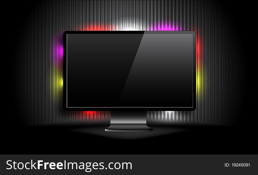 LCD monitor with colorful backlight on black background