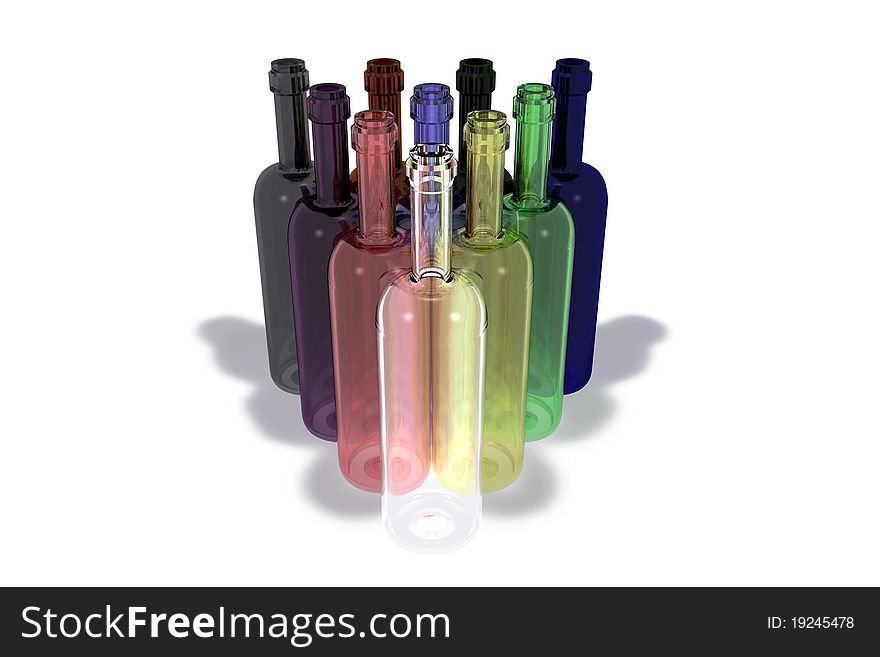 Many bottles of different colors isolated on white background arranged in triangle shape