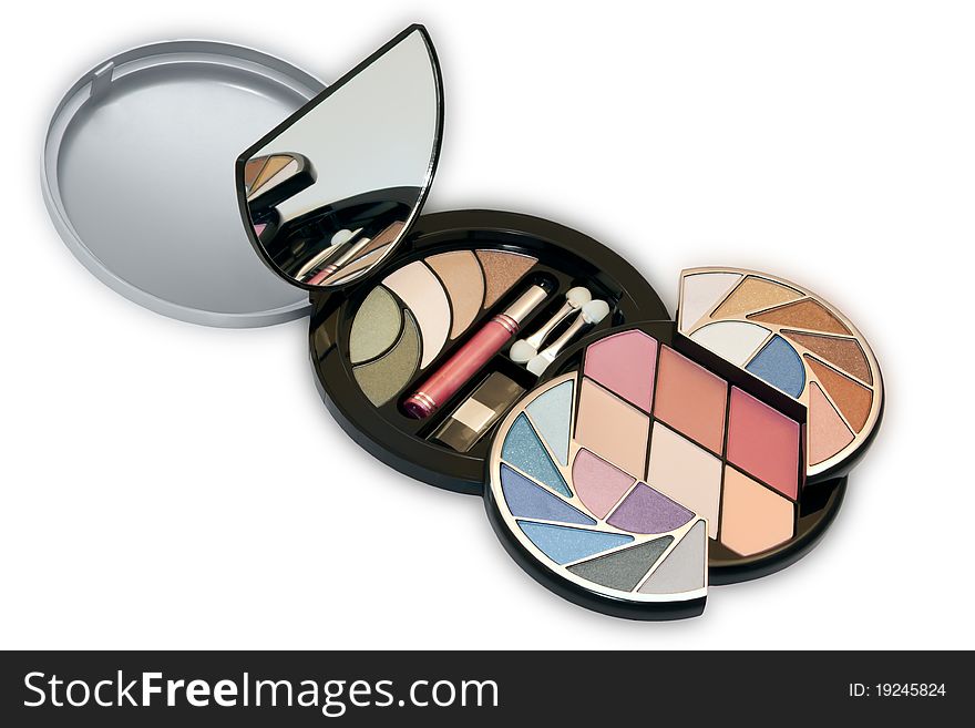 A colorful make up cosmetics kit isolated on white background. A colorful make up cosmetics kit isolated on white background