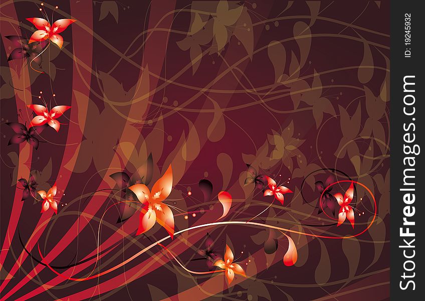 Abstract red background with flowers