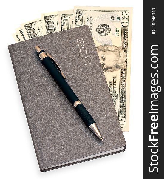 Notepad with money and pen isolated on white background