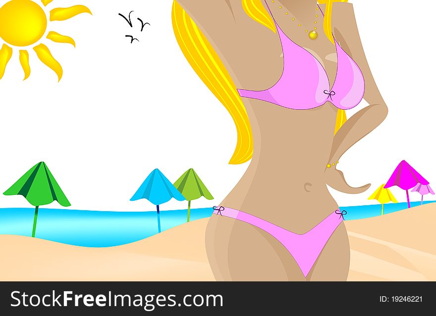 Illustration with pretty girl in a bikini, beach and skiing, vector