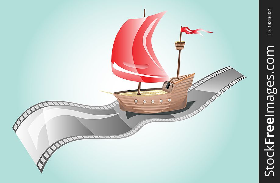 Frigat with red sails on a blue background. Frigat with red sails on a blue background