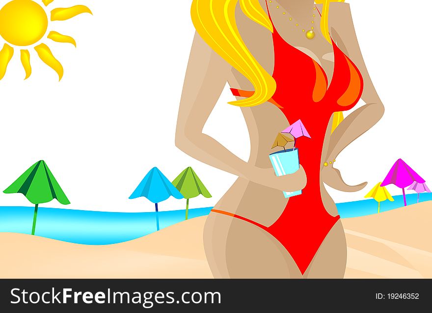 Illustration with pretty girl in a bikini, beach and skiing, in vector