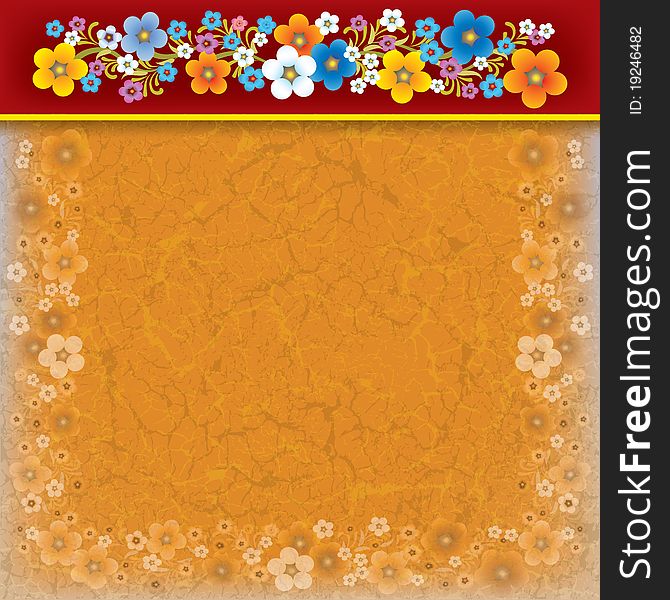 Abstract grunge orange background with flowers on red. Abstract grunge orange background with flowers on red