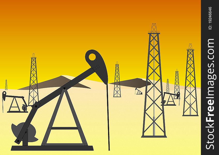 Vector Illustration of an Oil Field in the Desert at Sunset. Vector Illustration of an Oil Field in the Desert at Sunset