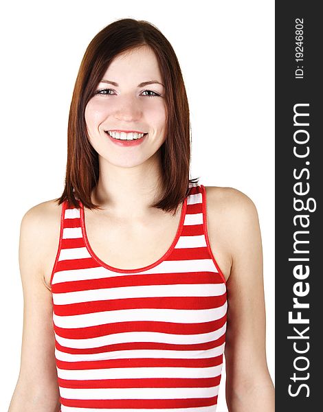 Young brunette woman in red and white striped shirt smiling, isolated. Young brunette woman in red and white striped shirt smiling, isolated