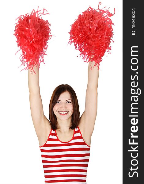 Cheerleader Girl Shaking Pompoms Over Her Head