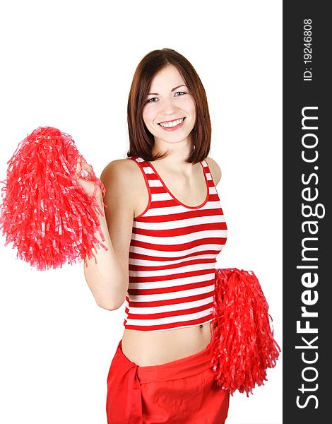 Beauty cheerleader girl in red holding pompoms and smiling, isolated. Beauty cheerleader girl in red holding pompoms and smiling, isolated