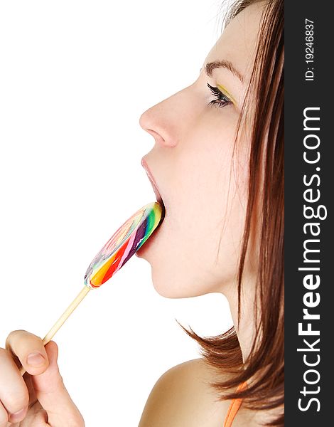 Young Brunette Girl  Licking Big Lollipop