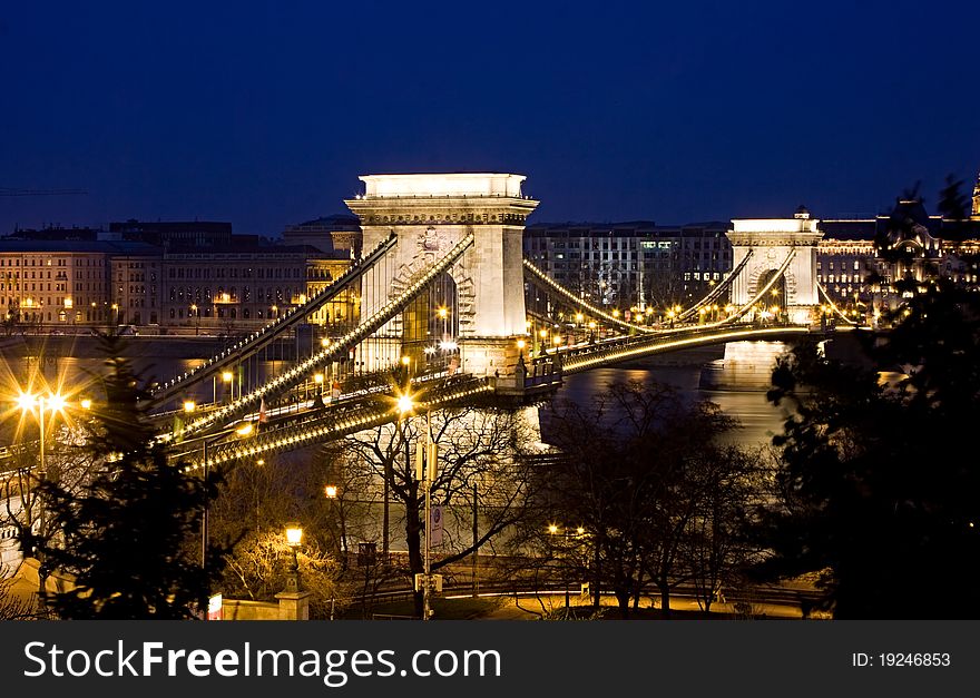 Budapest At Night With Chain Bridge