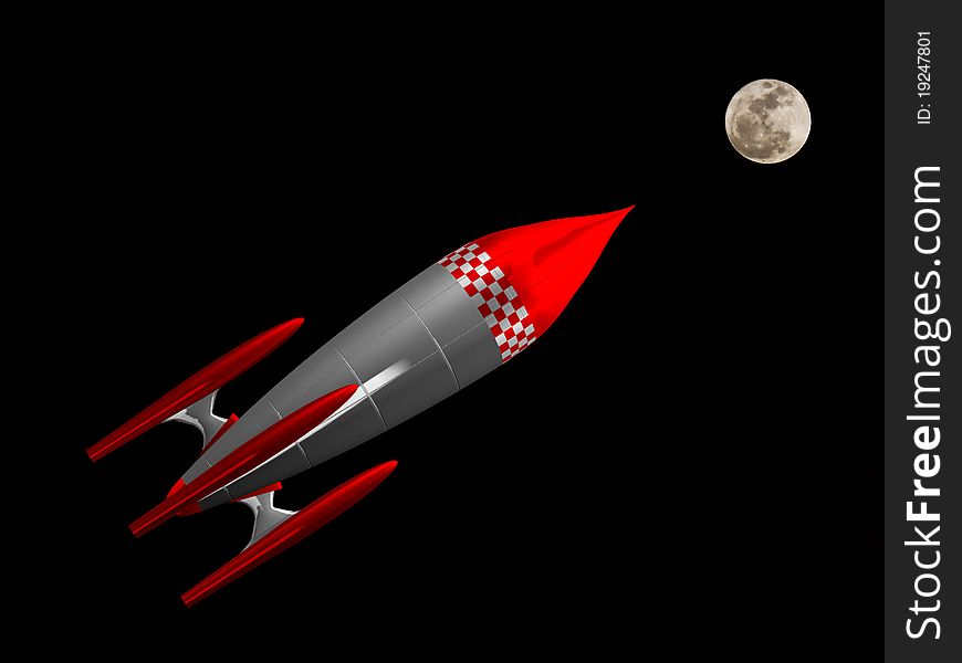 A red and white 3d rocket flying to the moon
