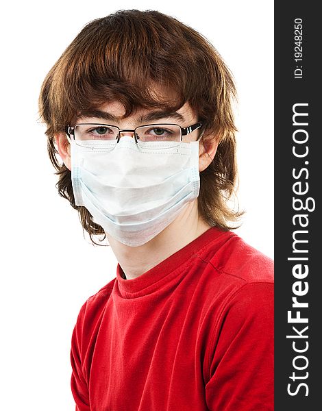 Teenager with glasses and mask on a white background