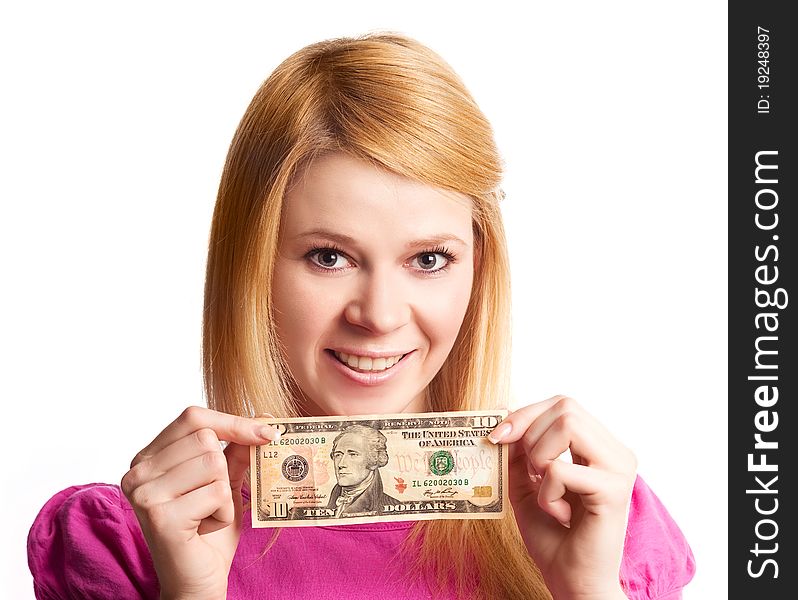 Blond girl with a ten dollars banknote, isolated against white background. Blond girl with a ten dollars banknote, isolated against white background