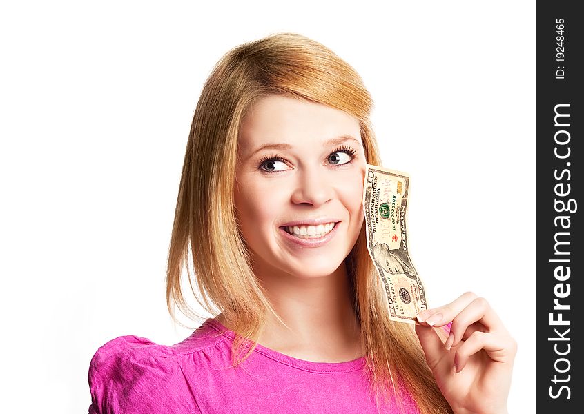 Blond girl with a ten dollars banknote, isolated against white background. Blond girl with a ten dollars banknote, isolated against white background