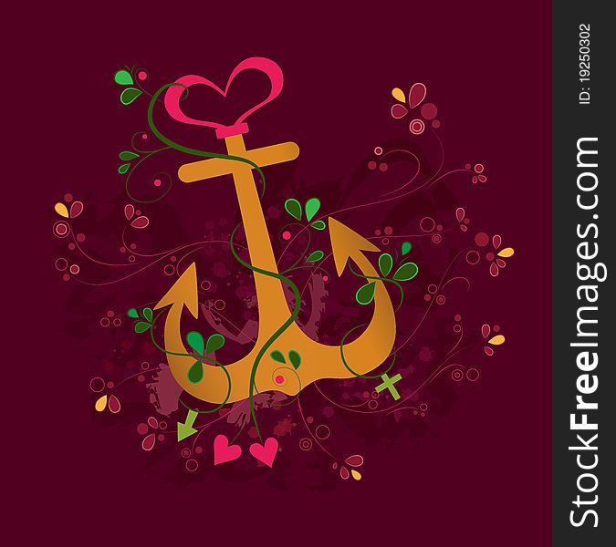 Abstract illustration of a anchor with heart on top, male and female symbols and floral surrounding. Love concept. Abstract illustration of a anchor with heart on top, male and female symbols and floral surrounding. Love concept.