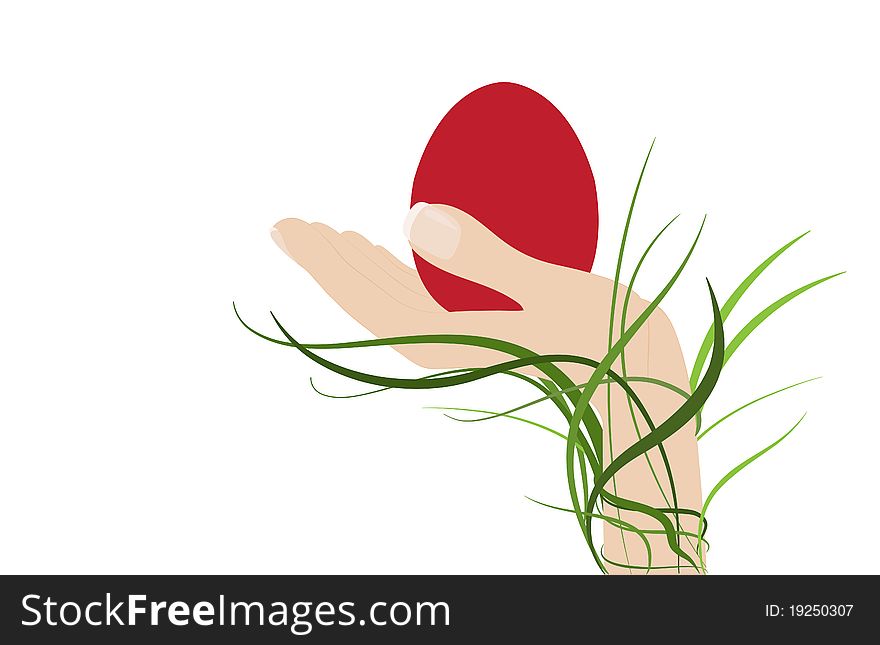 Female hand covered with grass holding a red Easter egg. Easter concept. Female hand covered with grass holding a red Easter egg. Easter concept.