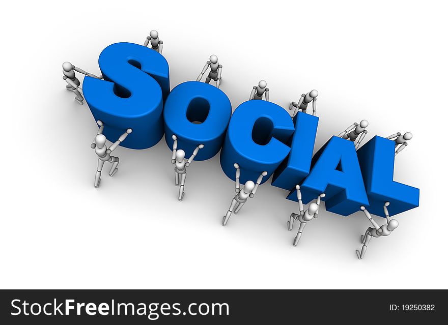 3D illustration of mannequin people pushing the word 'SOCIAL' together. Isolated on white background. 3D illustration of mannequin people pushing the word 'SOCIAL' together. Isolated on white background.