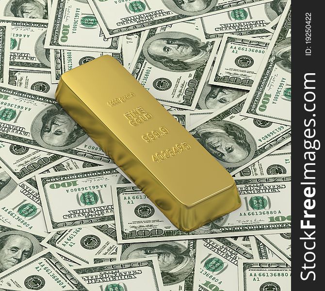 Golden Bar Or Ingot On Dollar Banknote Background