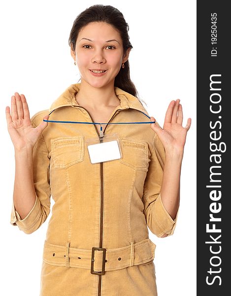 Woman showing her badge at the entrance of meeting room. Woman showing her badge at the entrance of meeting room