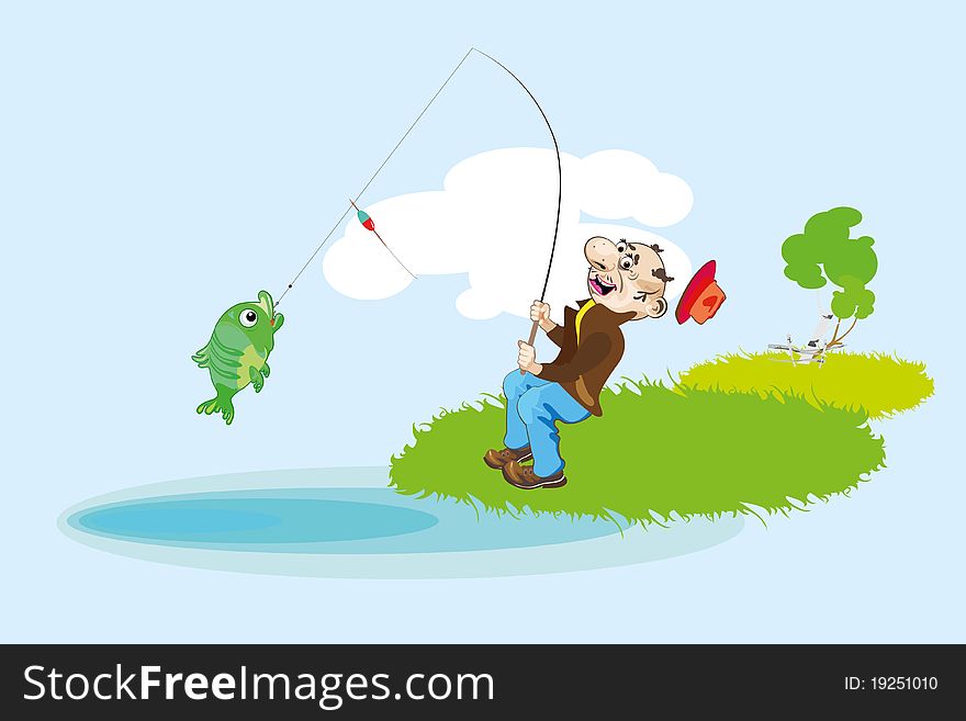 Man catches fish in the river-cartoon. Man catches fish in the river-cartoon