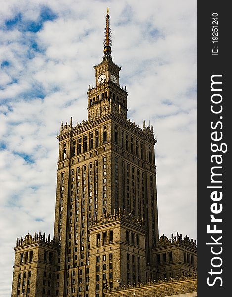 Palace of culture and science in sunset light. Palace is a landmark in warsaw