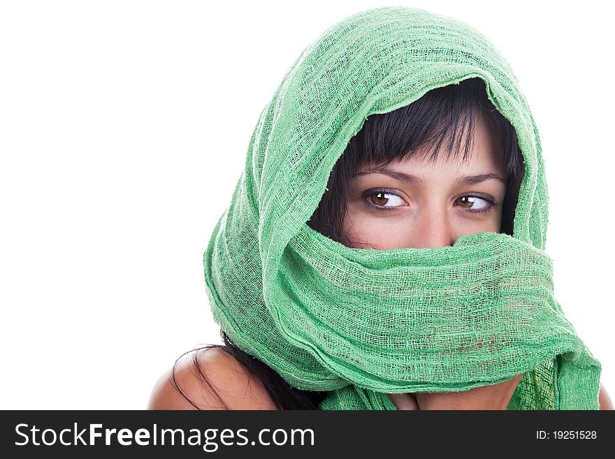 Pretty female model with a green scarf wrapped around her head. Pretty female model with a green scarf wrapped around her head.