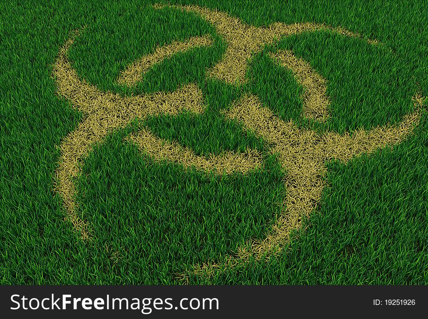 Biohazard symbol from thatch on green grass. 3D render image.