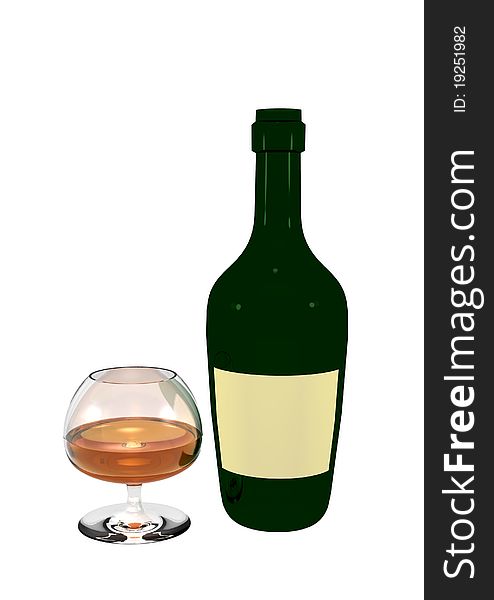 Isolated, empty  label, cognac green bottle with half filled glass