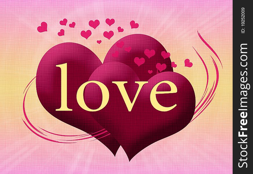 Two pink heart with the word love on a light background