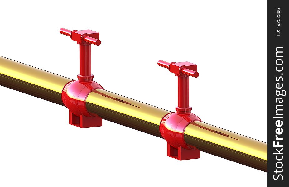 Two red oil and gas valve with a golden trumpet on a white background